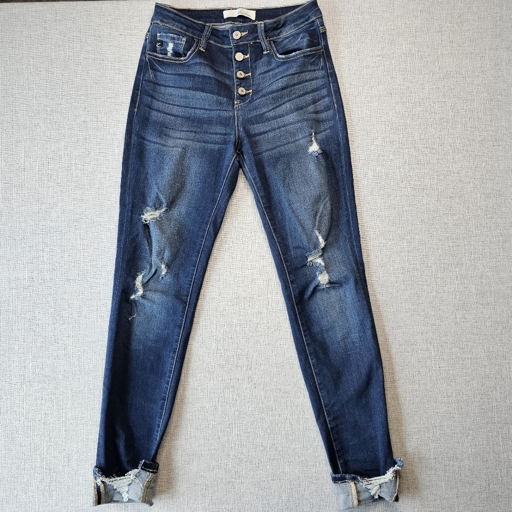Kancan Chewed Hem Button Fly High Rise Jeans Womens 7/27 Dark Wash